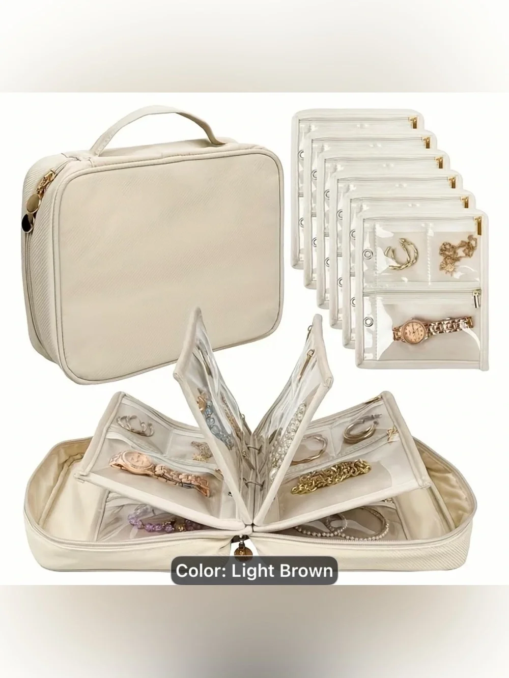 Light Brown Travel Jewelry and Accessory Organizer Bag